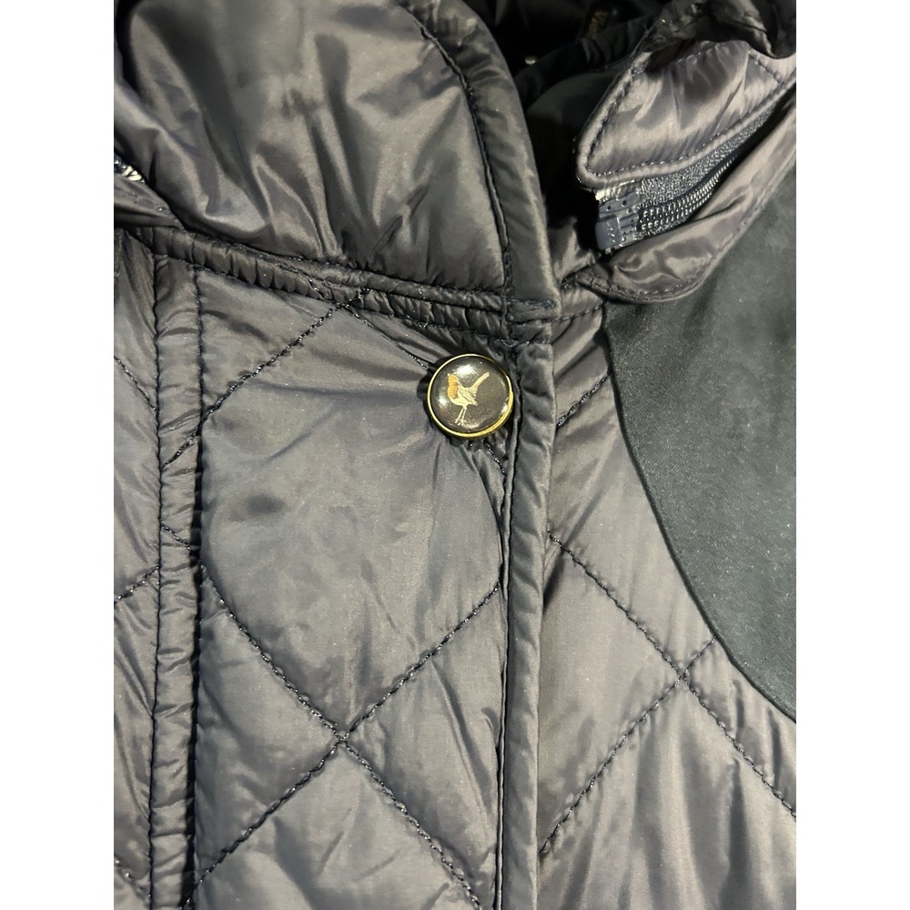 Barbour Greenfinch Midi Jacket Womens Sz 12 Navy Blue Hooded Shoulder Patches - Picture 3 of 14